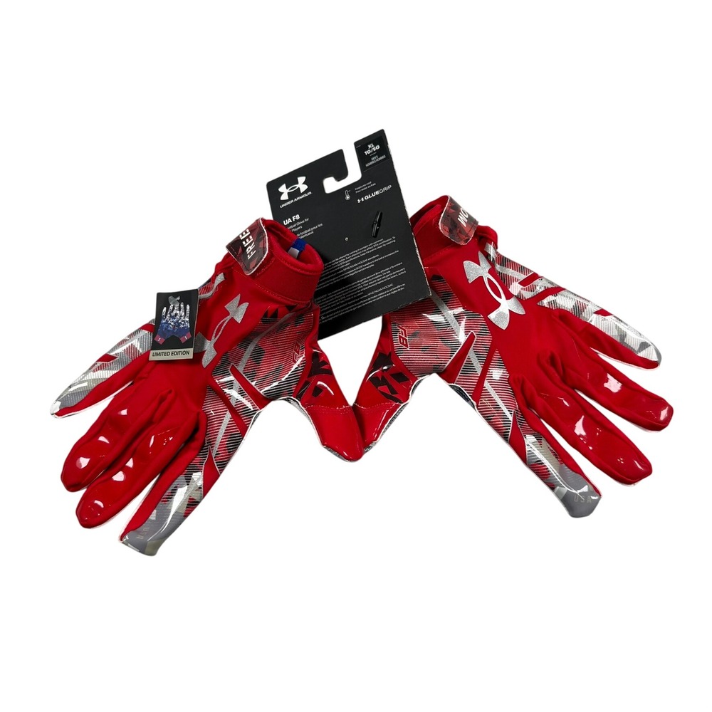 Under Armour UA Mens XL F8 Football Gloves Red Blue Limited Edition GlueGrip